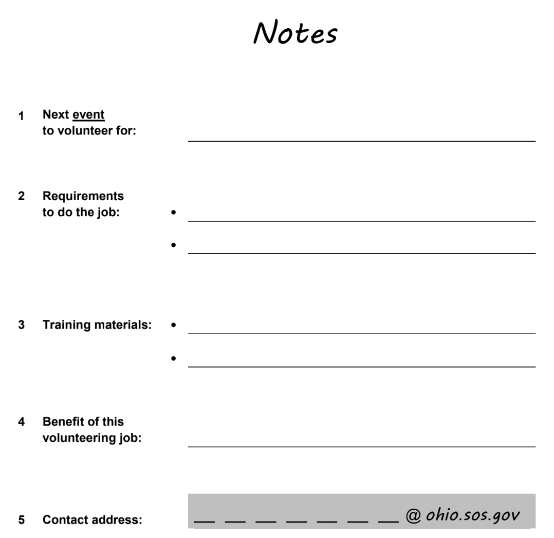 Notizformular 'Notes' für Freiwilligenarbeit mit Feldern: nächstes Event, Anforderungen, Trainingsmaterialien, Nutzen, Kontaktadresse